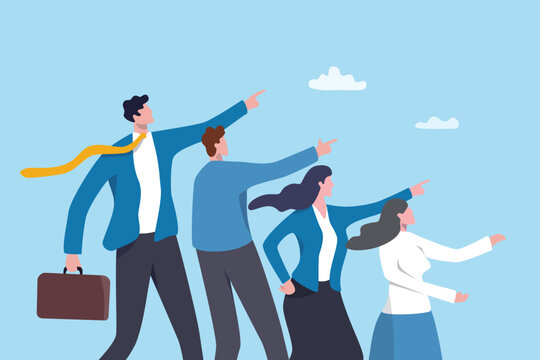 Attitude or executive authority, company objective or corporate guidance, aiming same target or goal, challenge future ahead, motivation , businessman, woman pointing to the same direction.