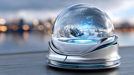 Futuristic snow globe displaying a vibrant smart city with glowing holographic buildings and sparkling digital elements, embodying advanced urban innovation and future technology concepts