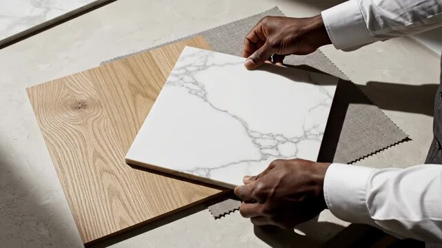 Mans hand placing white marble tile on wooden surface. Interior design material comparison in flat lay style. Texture and pattern exploration for home decor concepts.