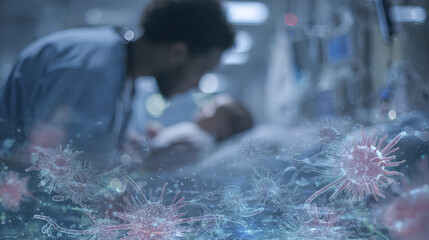 Father with Sick Infant, Overlay with Botulism Bacteria in a Hospital Room