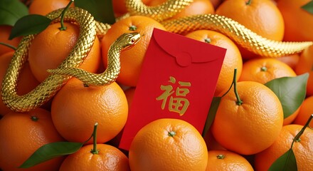 Celebrate Chinese New Year with vibrant oranges, a golden snake, and lucky red envelopes bringing joy and prosperity for an auspicious year