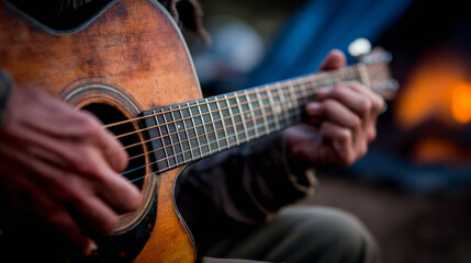 Obraz premium Acoustic guitar campfire warm light wood grain musician male hands closeup strings frets cozy vibe