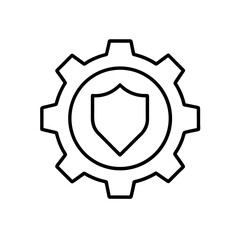 Outline of a gear with a shield inside the center circle on transparent background