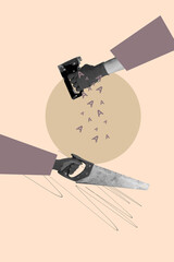 Naklejka premium Sketch vertical poster image collage of hands pour letters non-verbal communication speech bookworm hobby writer student learn