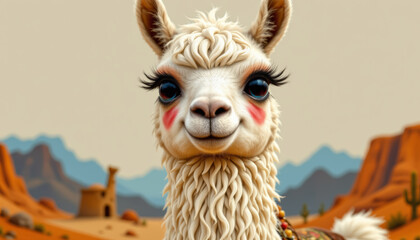 Naklejka premium Cute llama fluffy fur big eyelashes rosy cheeks desert mountains cartoon portrait