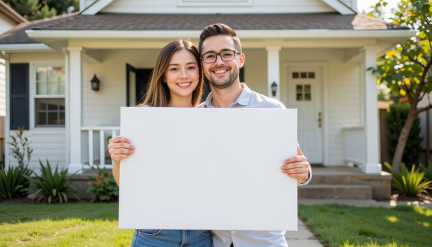 Couple happy smiling house yard sign blank portrait With joyful spirit, couple stands outside new home holding empty board
