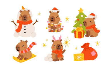 Fototapeta premium Set of cute christmas capybaras in different poses and winter items. Hand drawn cartoon flat vector style. Holiday seasonal decoration for design, kids collection, stickers