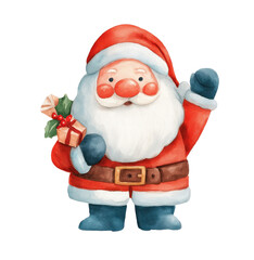 Watercolor Santa Waving With a Gift in Hand