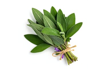 Obraz premium A close-up shot of a sage bundle, tied with twine and placed against a stark white background. Lush green leaves