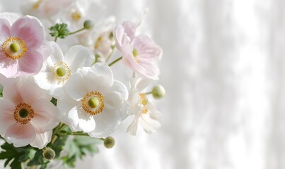Obraz premium minimalist greeting card design with a soft pastel bouquet of white and blush-pink anemones arranged in an airy modern composition