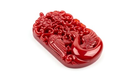 Exquisite Red Jade Pendant with Intricate Carving and Gold Accent, Isolated on White