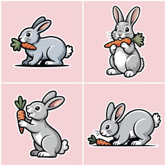 Charming Bunny Rabbit Character Illustration Set: Collection of Four Adorable Designs Holding and Nibbling on Fresh Carrots, Ideal for Easter, Pet Food, and Healthy Vegetable Graphics