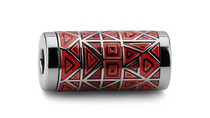 Striking cylindrical charm featuring intricate red and silver geometric patterns, a decorative metallic bead meticulously isolated on a pristine white background