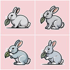 Charming Bunny Rabbit Character Illustration Set: Collection of Four Adorable Designs Holding and Nibbling on Green Leaves, Ideal for Healthy Eating, Spring Themes, and Garden Branding Graphics
