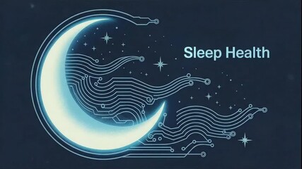 Embracing Slumber and Health: A captivating depiction of a crescent moon interwoven with intricate circuit patterns, symbolizing sleep health, rest, dreams, and tranquility.