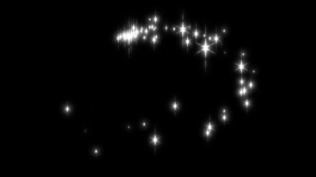 Shimmering white stardust and twinkling stars on black background with glowing sparkle trails, magical dust bursts, doodle shine particles and luxury bright glitter motion forming a smooth