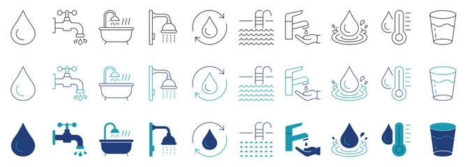 Household water usage and sanitary flow line symbols. Clean drinking, bathing and temperature control icons pack.