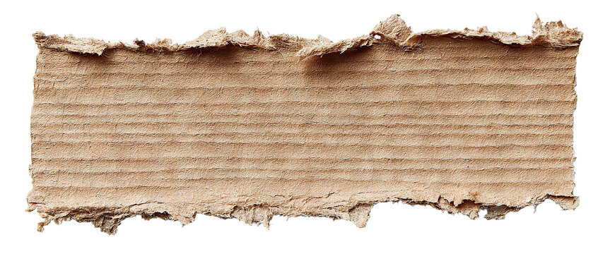 Torn strip of brown corrugated cardboard paper, isolated on transparent cutout background