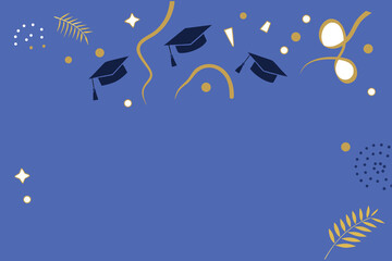 Blue and Gold Graduation Cap Vector Banner with Elegant Foliage