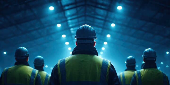 Group of construction workers in high-visibility vests and helmets standing inside a large illuminated industrial facility