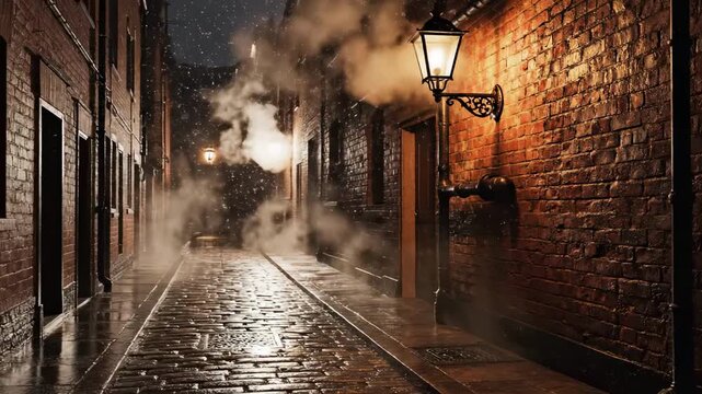 british home - A cobblestone alleyway lined with aged brick buildings, illuminated by a vintage lamp. Wisps of steam rise in the misty air, creating a mysterious atmosphere at night
