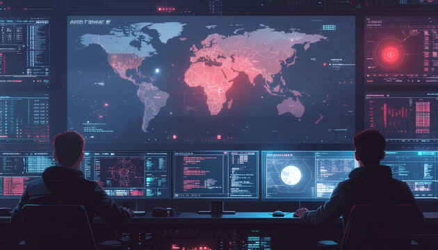 Red team cyber dashboard showing attack vectors highlighted in red with monitoring screens