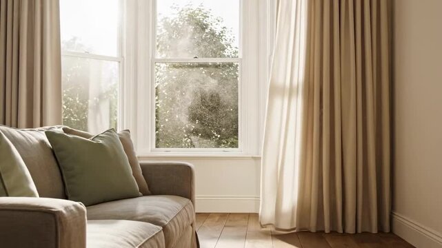 british home - A cozy living room features a light-filled bay window with soft sunlight filtering through beige curtains, a comfortable sofa adorned with green pillows, and warm wooden flooring