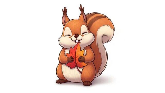 Cute cartoon squirrel holding autumn leaves with happy expression.