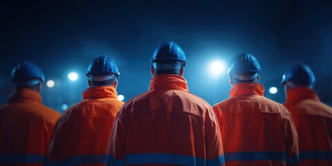 Construction workers in orange PPE gear standing under blue night lighting symbolizing readiness, discipline, and industrial strength