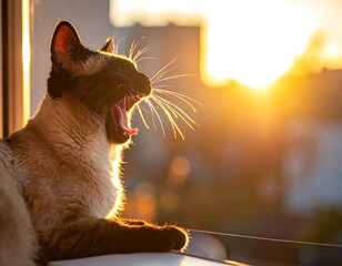 A close-up shot of a Siamese cat yawning widely with its mouth open, its face illuminated by warm sunlight. The background is out of focus