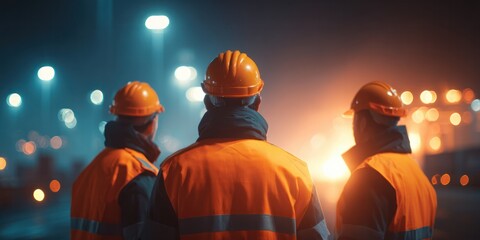 Construction crew in safety gear observing illuminated work site at night symbolizing vigilance, night operations, and coordination