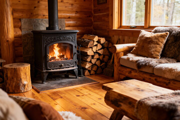 Relaxing rustic cabin getaway with cozy fireplace burning brightly for a winter escape experience