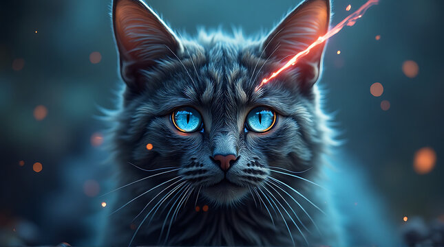 Mystical Portrait of a Feline with Intense Glowing Blue Eyes and Fiery Aura