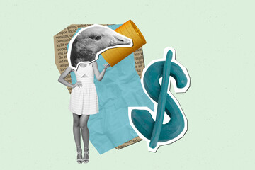 Surreal pop collage of person stand having bird face with coin stock dollars symbol on blue background