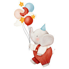 Cute elephant  with balloons watercolor illustration