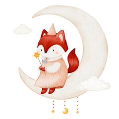 Cute fox in a dress on the moon, watercolor illustration