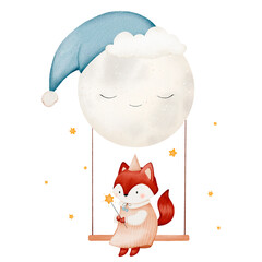 Cute fox in a dress on the moon, watercolor illustration