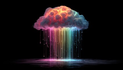 A luminous cloud raining colorful, glowing streaks against a stark black background
