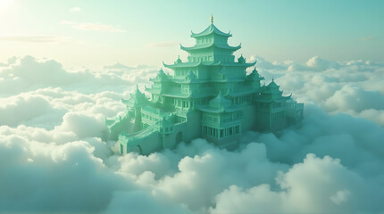 A majestic, multi-tiered Asian-inspired palace or temple floats serenely amidst a sea of fluffy white clouds under a soft, ethereal sky.