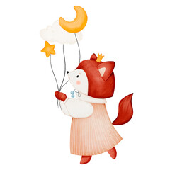 Cute fox in a dress with balloons watercolor illustration