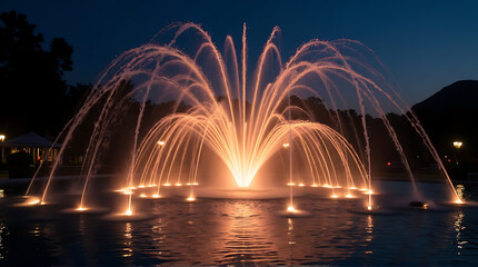 Illuminated fountain spraying water in an arched pattern at night, reflecting lights in the pool below, against a dark background.