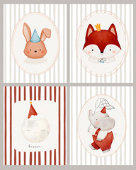 cute animals face watercolor poster for nursery