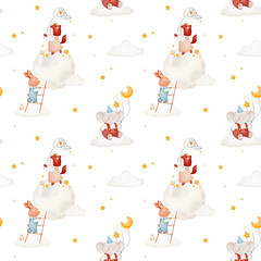Seamless childish pattern with cute fox, bunny, clouds, moon and stars