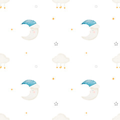 Seamless pattern of cute pastel cloud, star and moon.