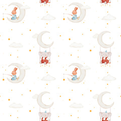 Seamless childish pattern with cute elephant, bunny, clouds, moon and stars