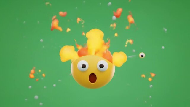 Exploding Emoji with Shocked Expression and Fiery Detonations on Green Screen.