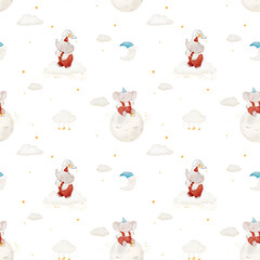 Seamless childish pattern with cute elephant, clouds, moon and stars