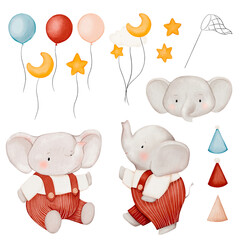 Fototapeta premium Watercolor birthday set with elephant and air balloons, stars