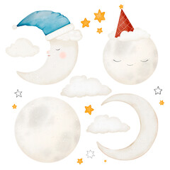 Watercolor set of moon, stars and clouds