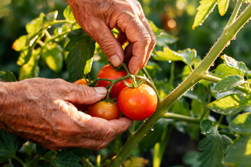 Grandfather lovingly harvests fresh organic tomatoes from his thriving garden on a bright summer day